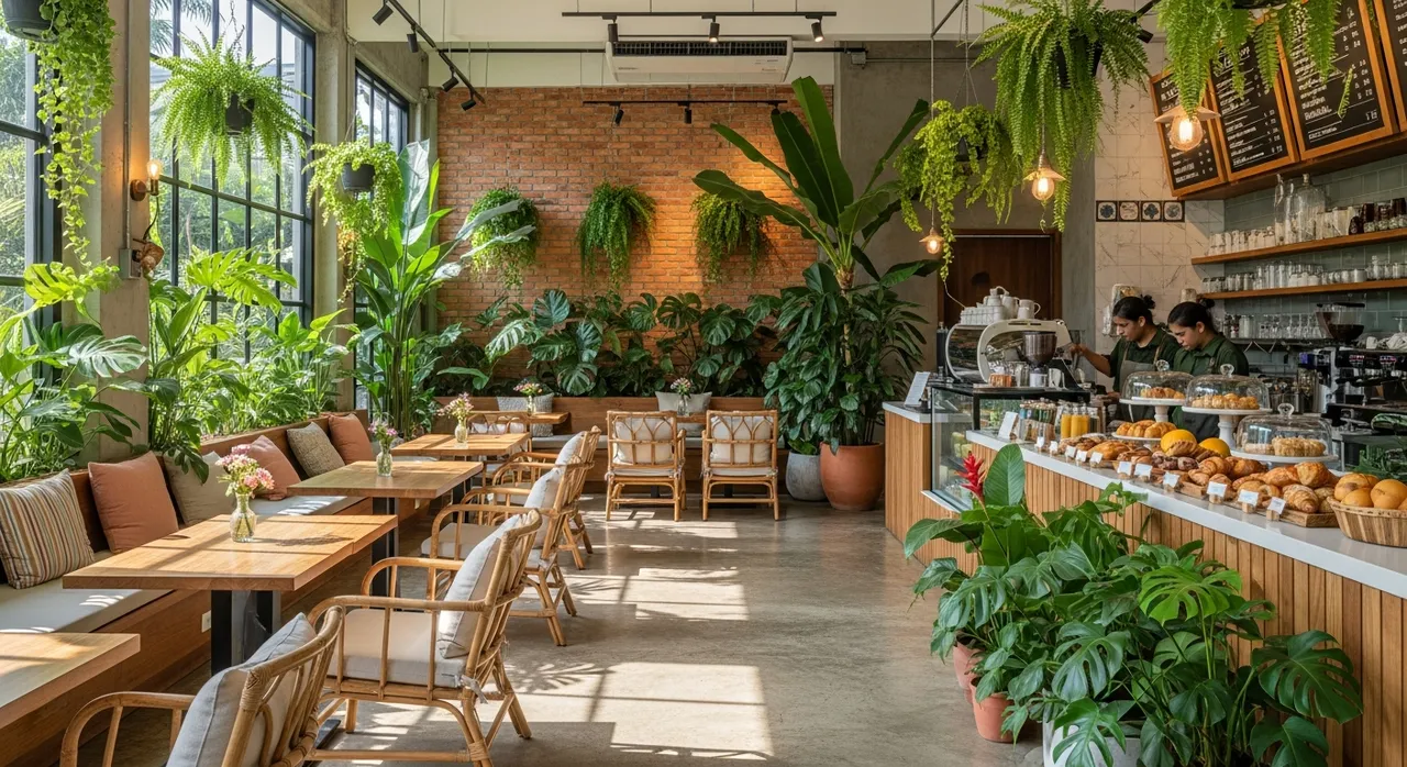 Plant-filled cafe workspace for remote working