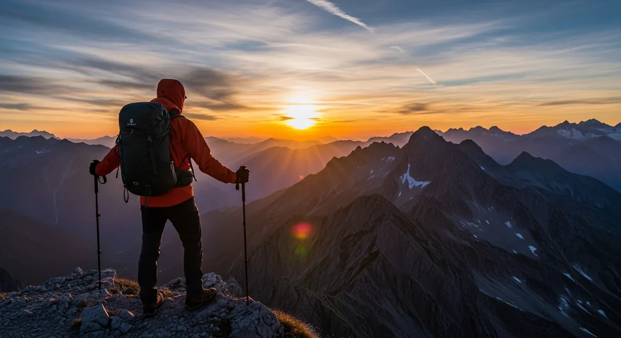 Mountain hiker with laptop at a scenic overlook